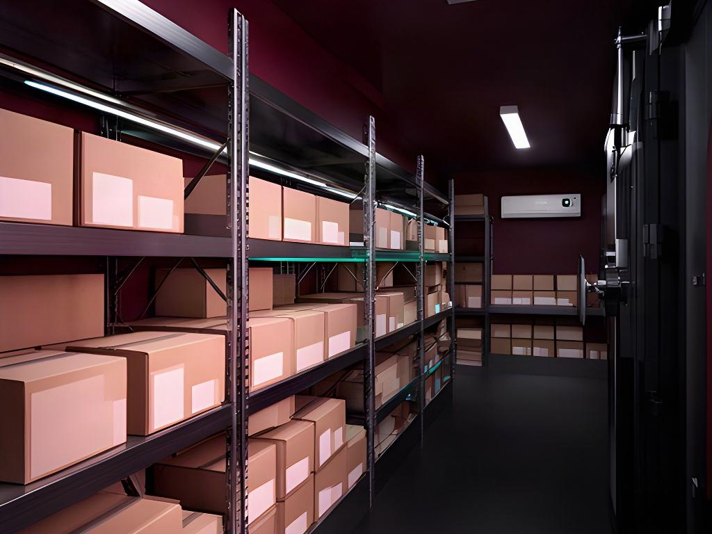 Climate-controlled business archive with labelled document boxes and secure shelving in a modern vault