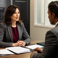 Michelleann Battalia, client relations lead, speaking with a storage customer at a professional office desk