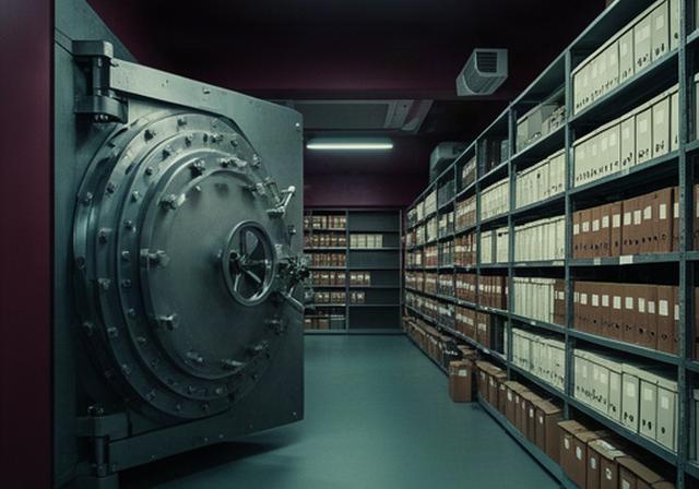 Heavy vault door and organized archival boxes inside a secure climate-controlled storage room