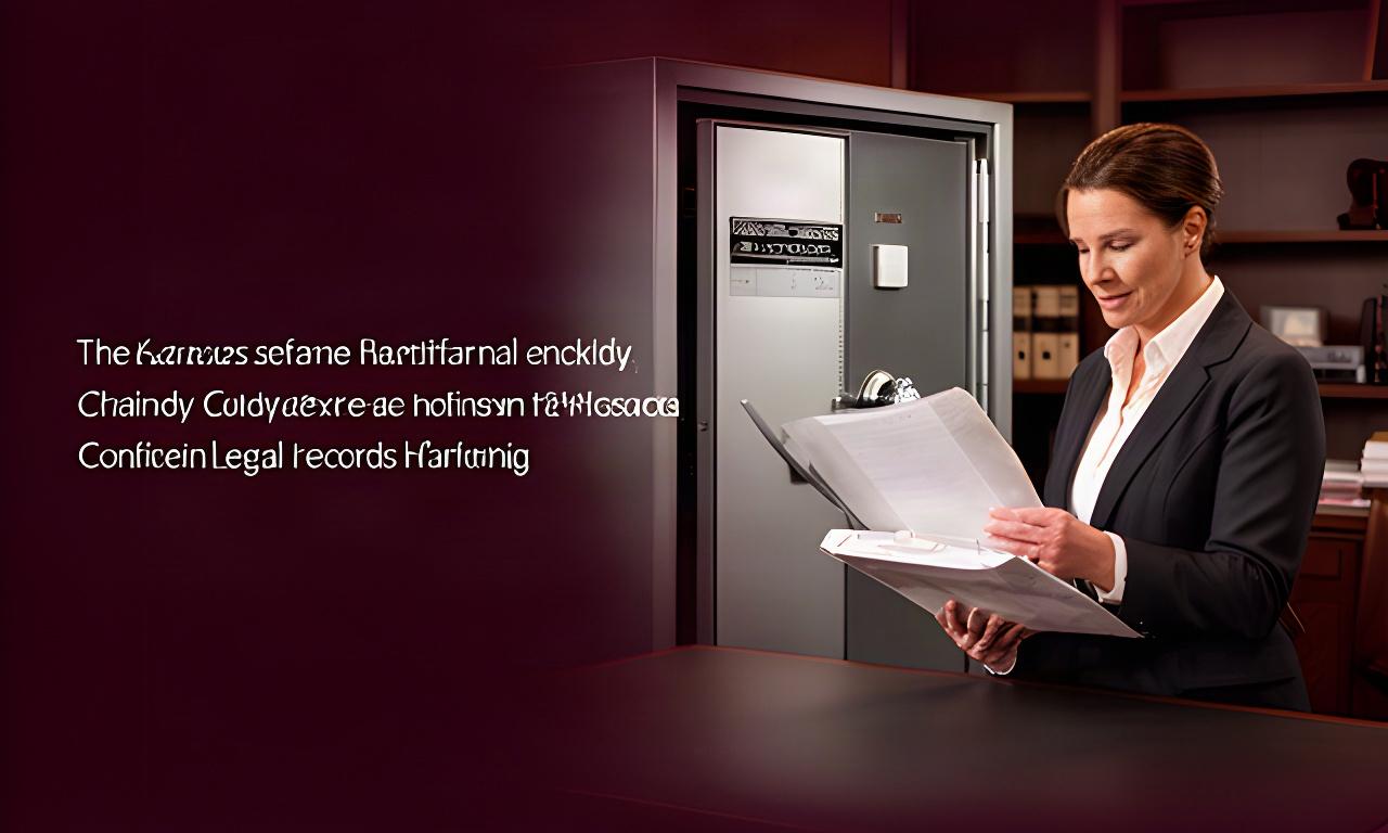 Attorney reviewing a sealed evidence file beside a secure document vault in a Kansas law office