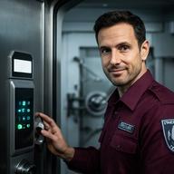 Girish Reak, security officer, checking access controls beside a secure vault entrance
